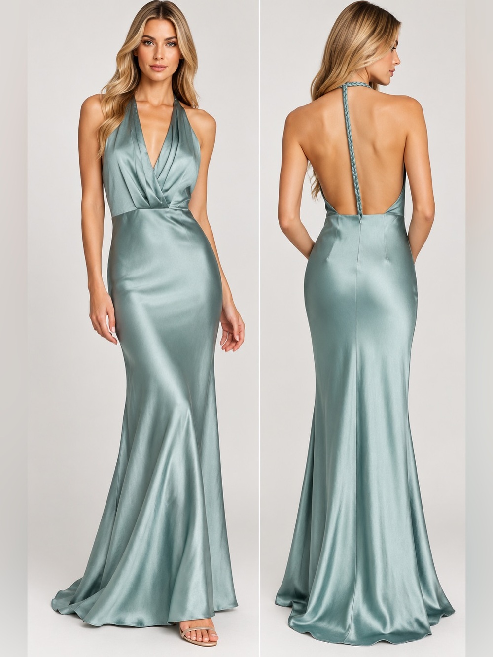 Elliatt Zinnia Blue Satin Backless Halter Formal Maxi Dress NWT L